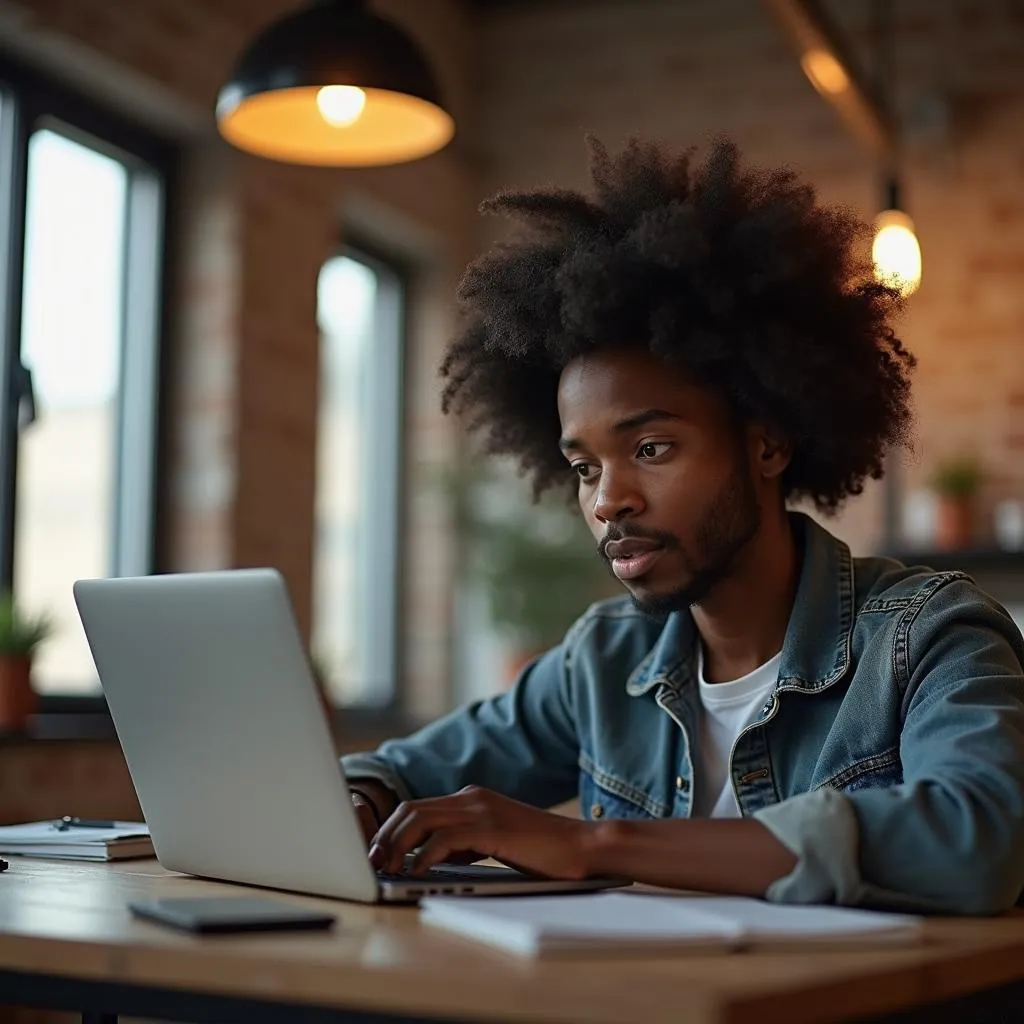 Young Black African Entrepreneur Working on Laptop