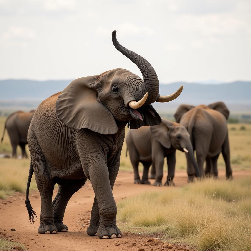 Young Male African Elephant Leaving Family