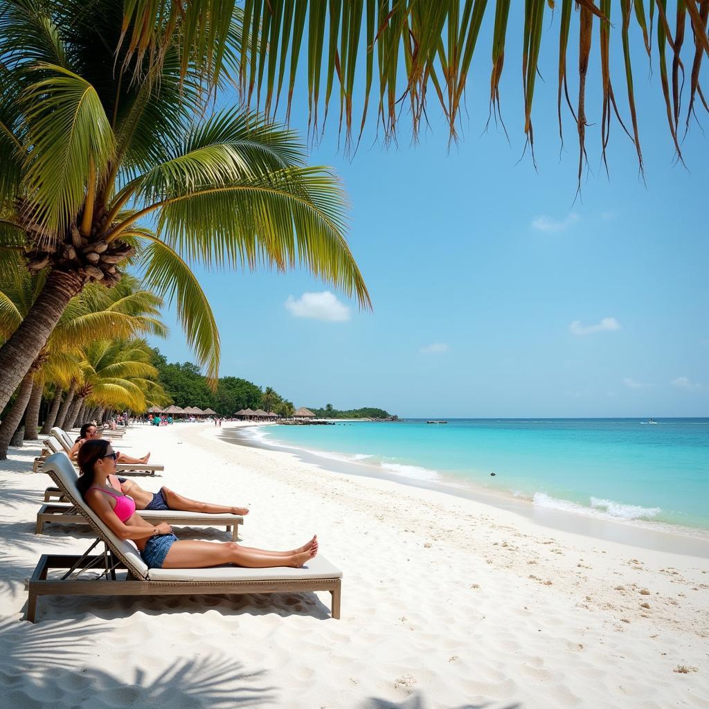 Tourists relaxing on a sunbed under a palm tree on a pristine beach in Zanzibar.