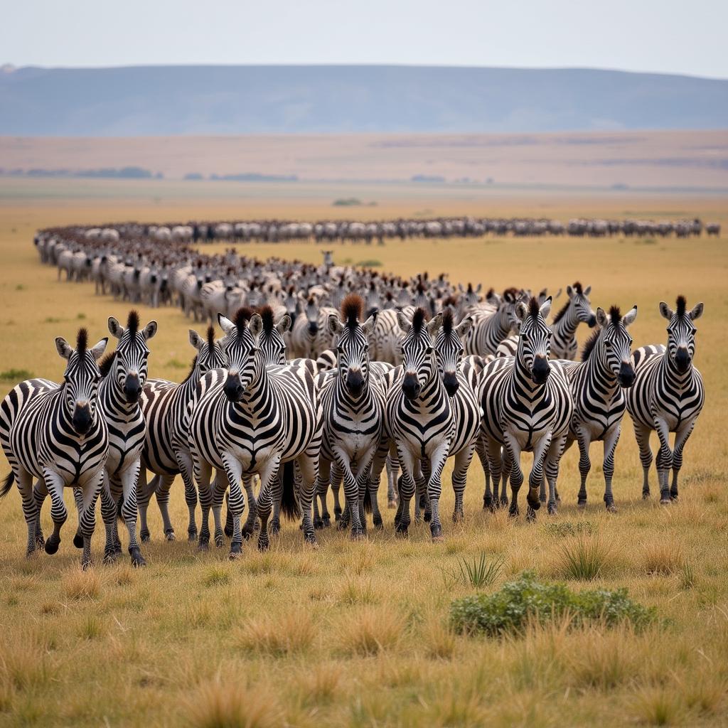 Zebra herd migrating across the savanna