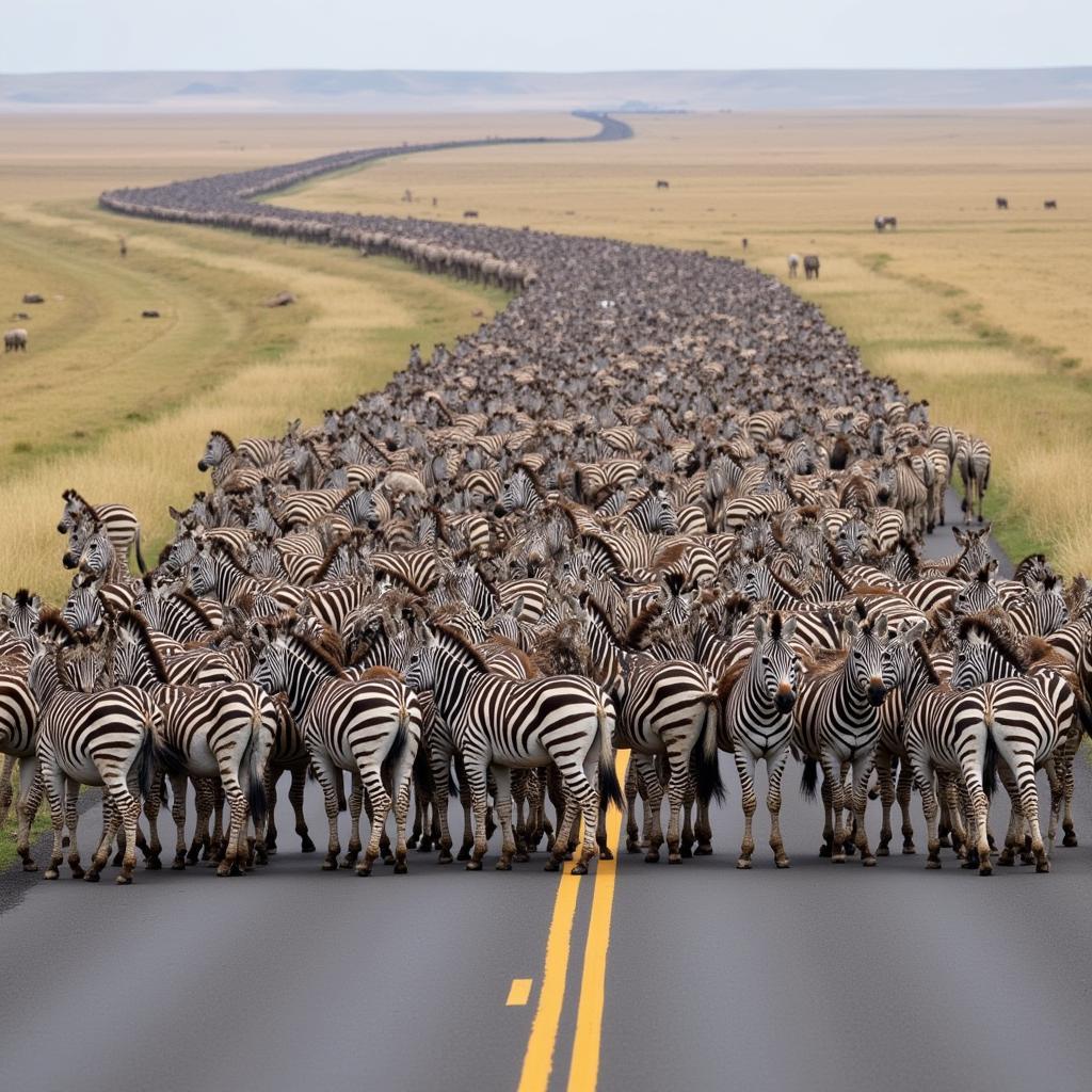 Zebras crossing a road during their annual migration