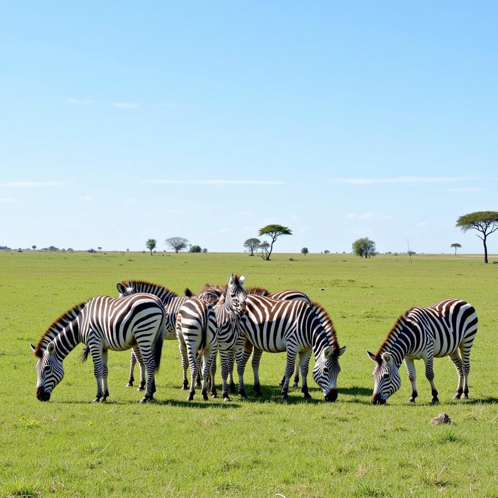 Zebras grazing on the African savanna