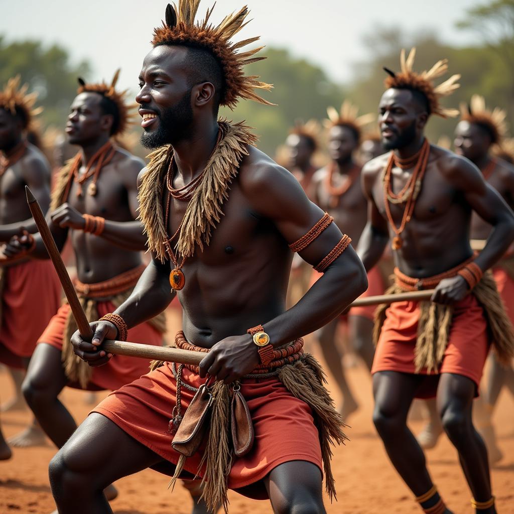 Zulu dancers in traditional Indlamu costume