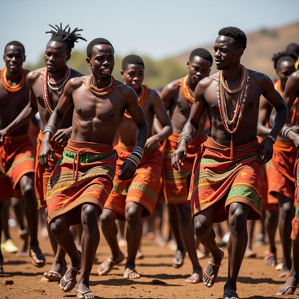 A large group of Zulu dancers performing in a vibrant cultural celebration