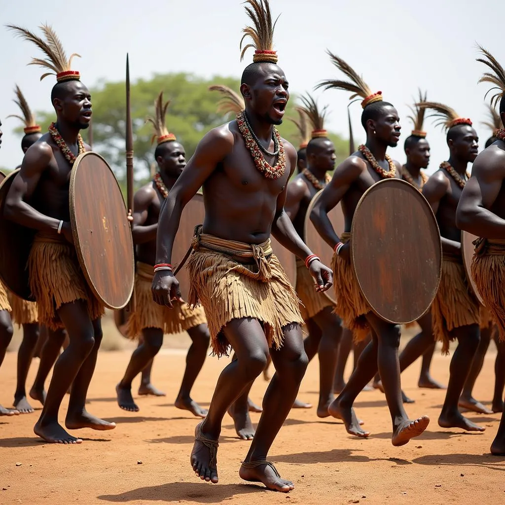 Zulu warriors performing Indlamu dance