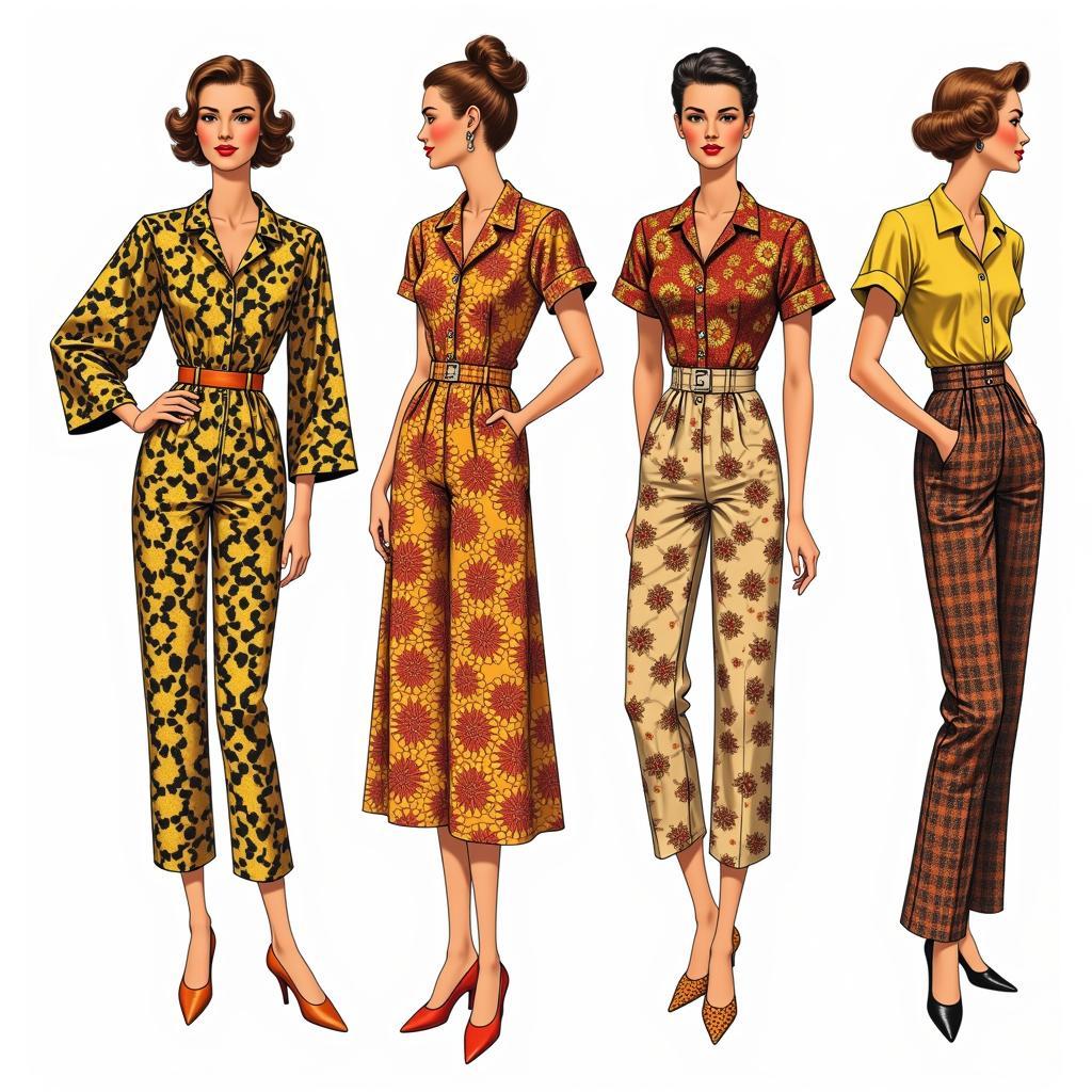 Fashion illustration showcasing different styles of 1940s African print jumpsuits