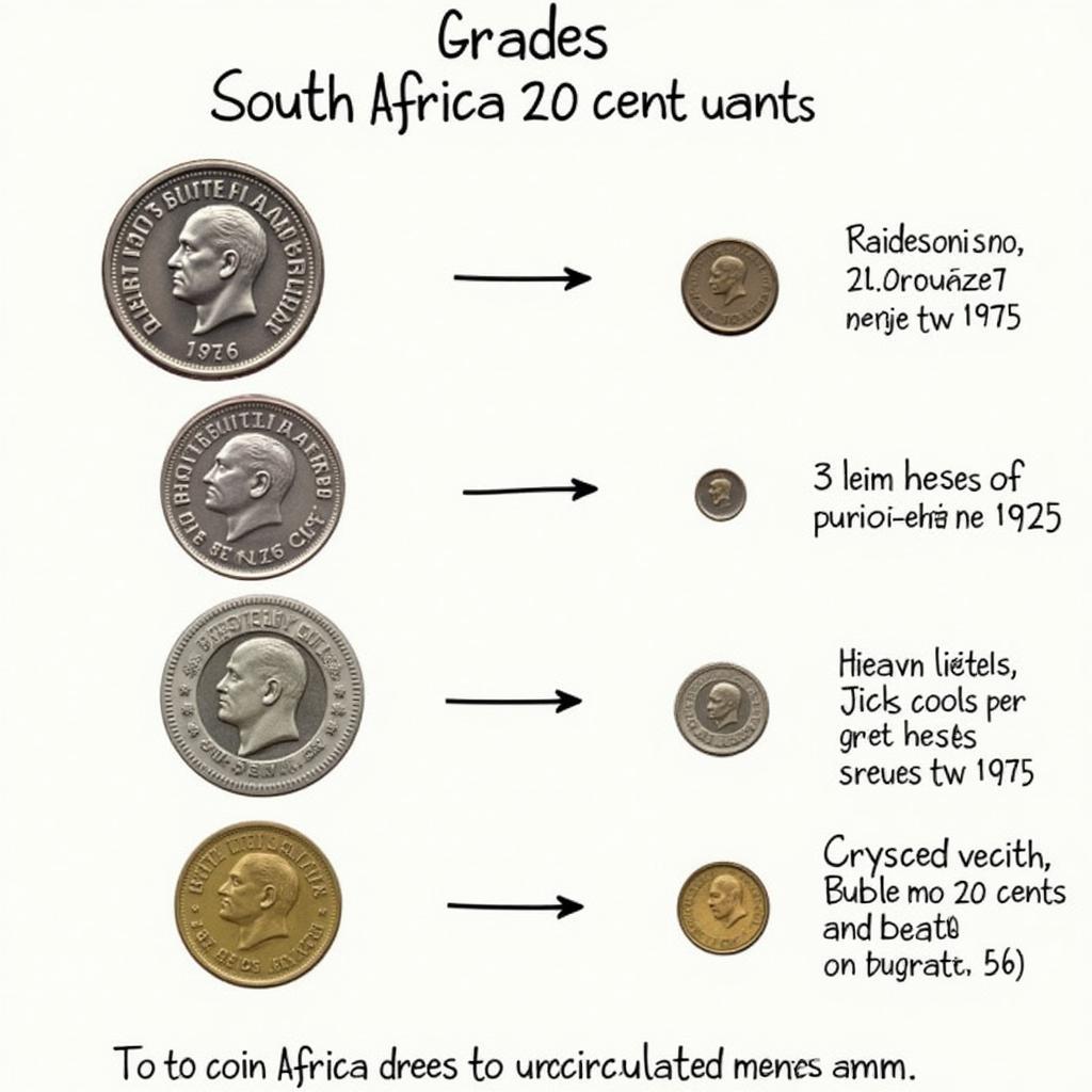 1976 South African 20 Cent Coin Grading: Illustrative example of different grades of preservation, from well-worn to mint state.