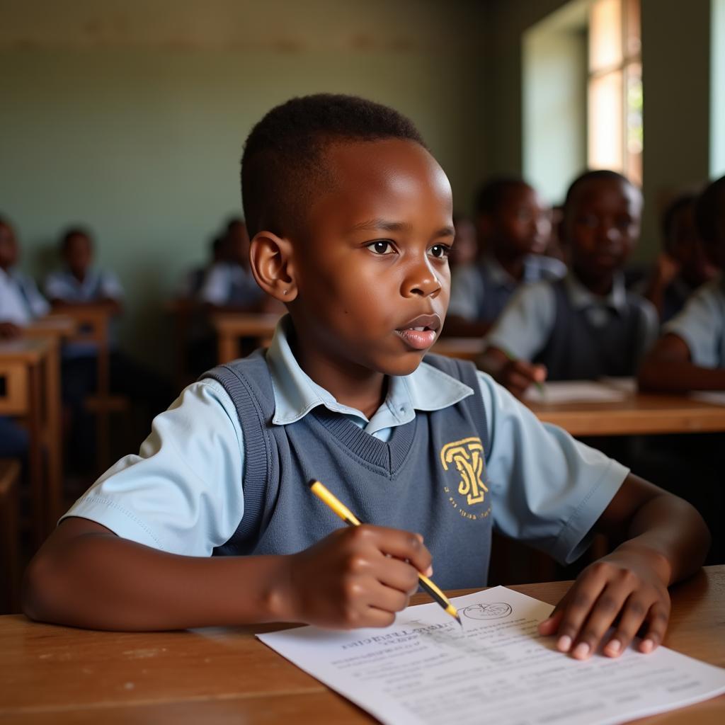 7-Year-Old African Boy Learning in a Classroom