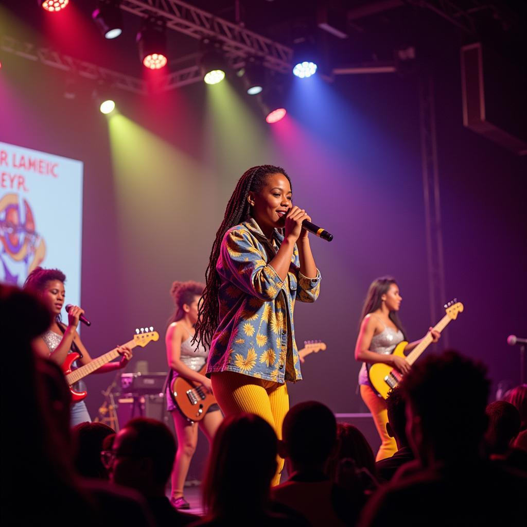 90s African Girl Bands on Stage: Capturing the energy of a live performance by a popular 90s African girl band. The image shows the band members on stage, engaging with the audience and showcasing their dynamic performance style.