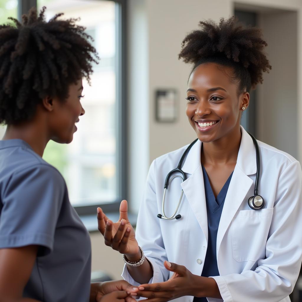 African American woman receiving a consultation with a healthcare professional.