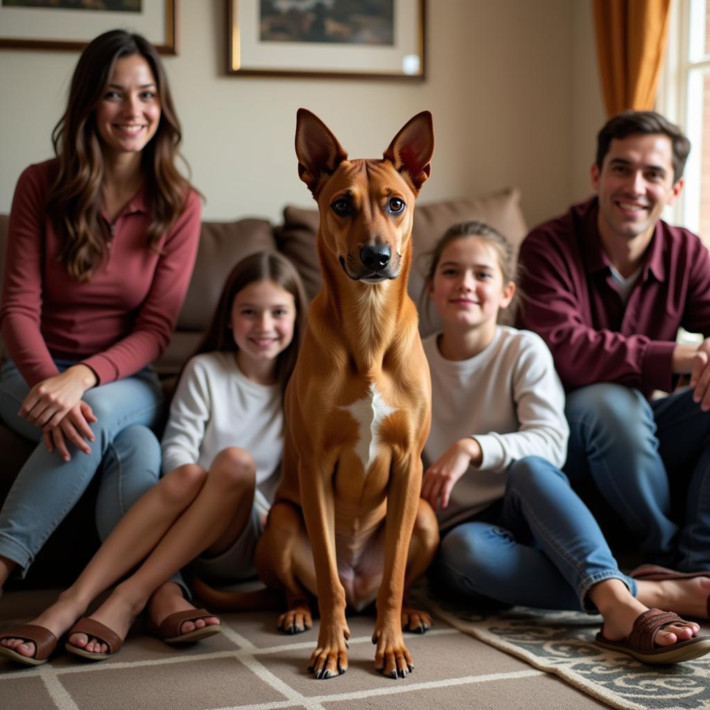 An adult African Basenji sitting calmly with a family in a living room