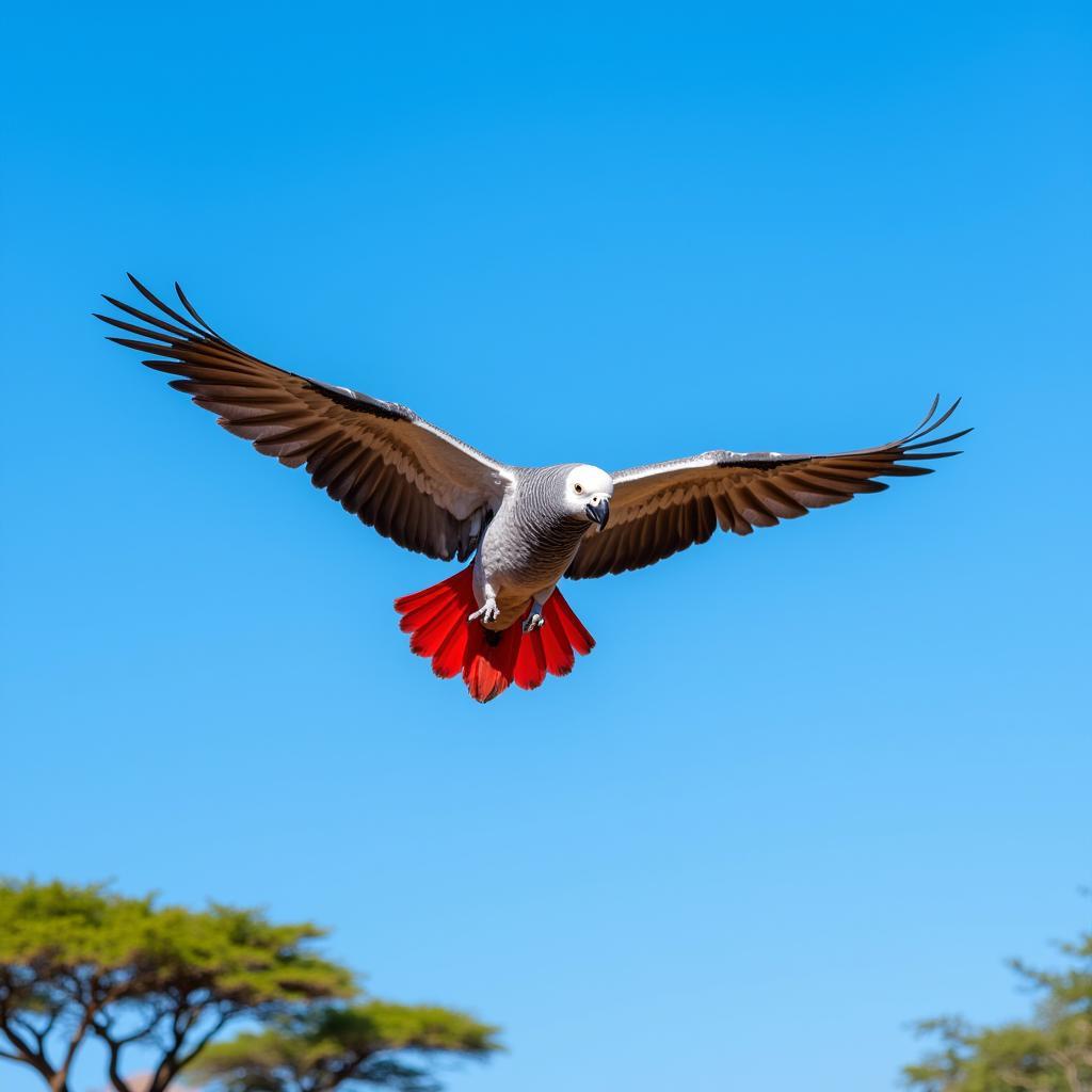 Adult African Grey Parrot Soaring through African Sky