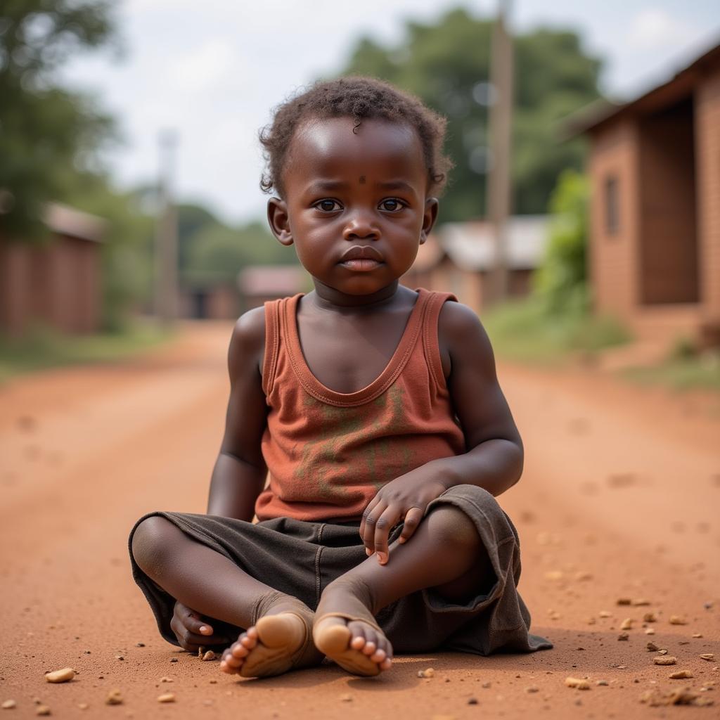 A child sits alone on a dirt road, clothes tattered, looking lost and forlorn. Poverty is a major factor leading to child abandonment in Africa.