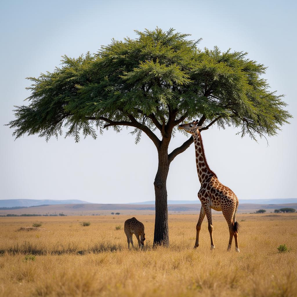 African Acacia Tree: Giraffe Feeding on Savanna