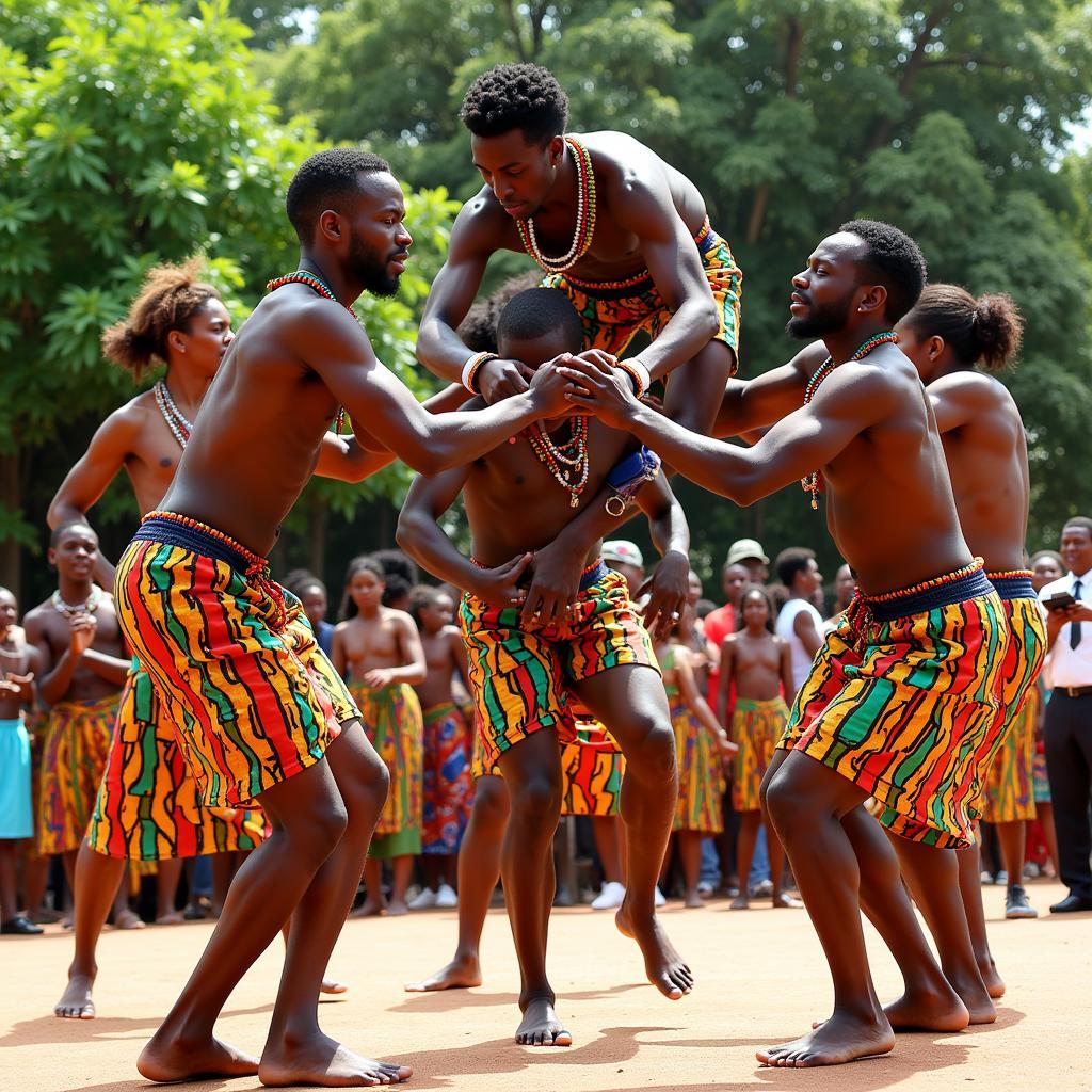 African acrobats performing a traditional dance