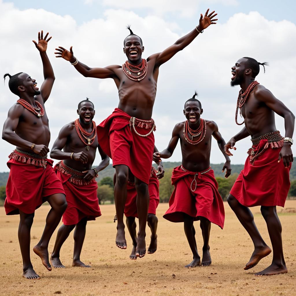 Maasai warriors performing the Adumu jump during a traditional ceremony