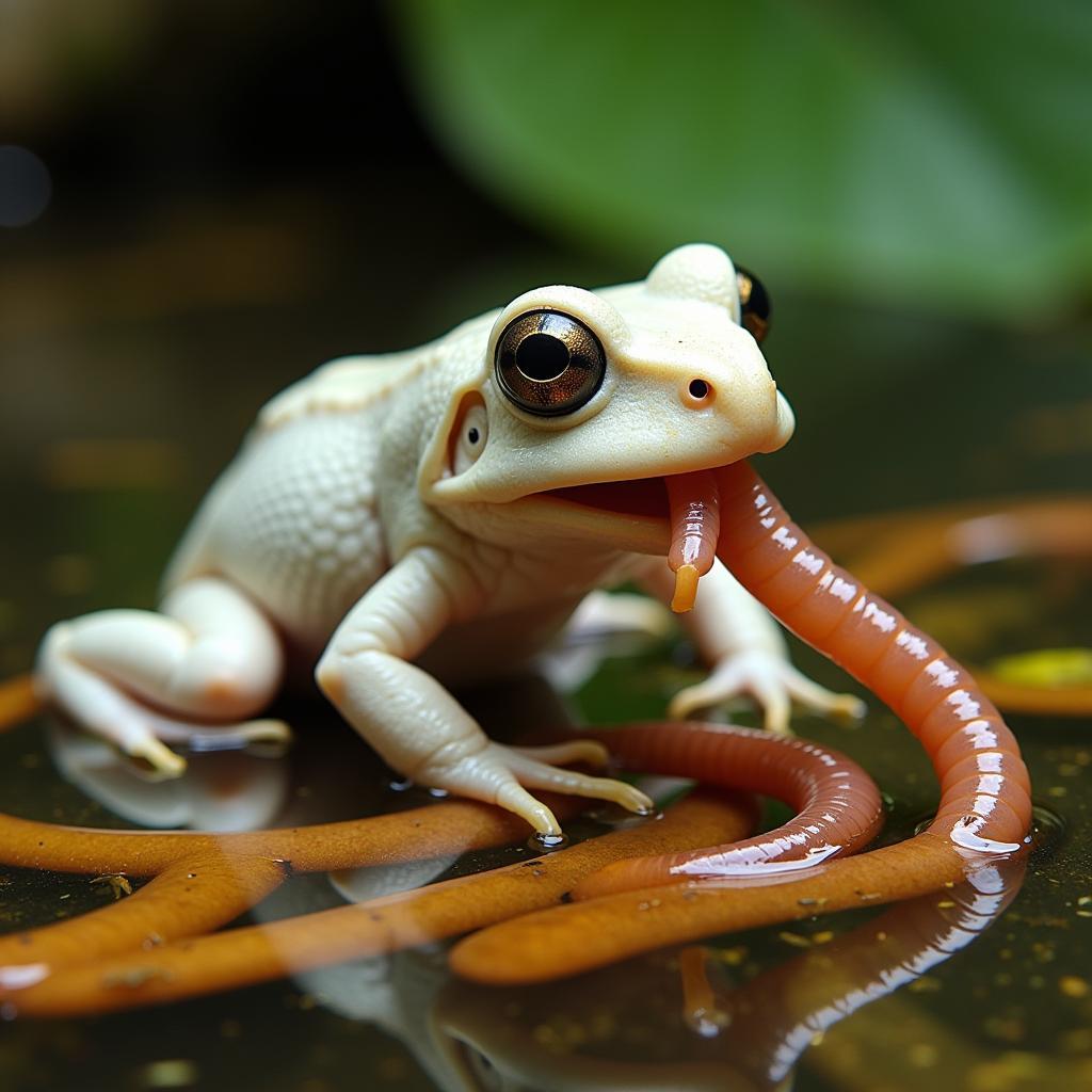 African Albino Frog Consuming Bloodworms