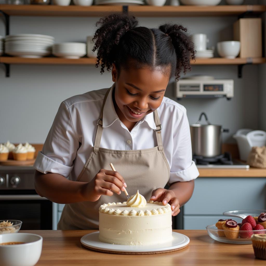 An African American adult with Down Syndrome working in a bakery