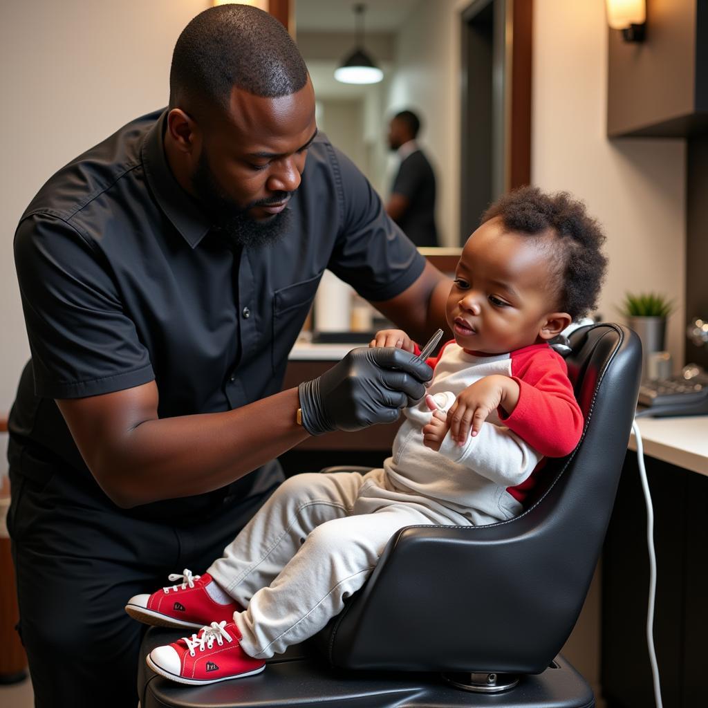 African American Baby Boy Getting his First Haircut at the Barber