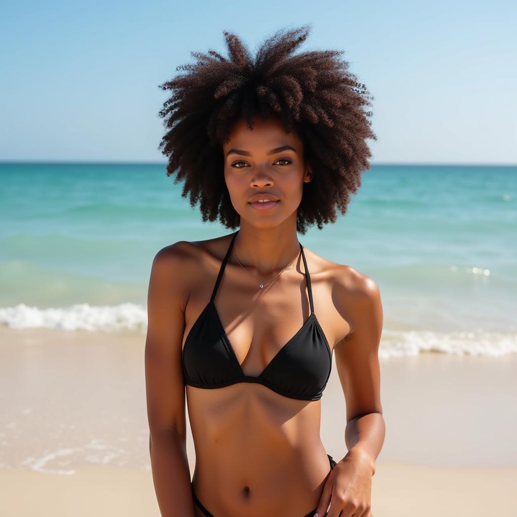 African American Bikini Model During a Beach Photoshoot