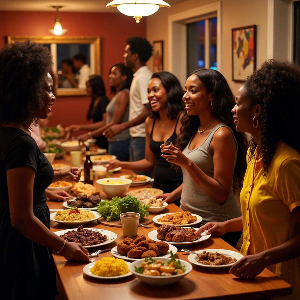 African American birthday party with soul food buffet.