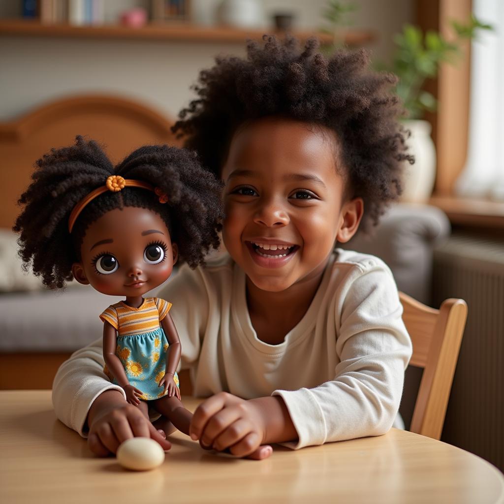 Child Playing with an African American Blythe Doll