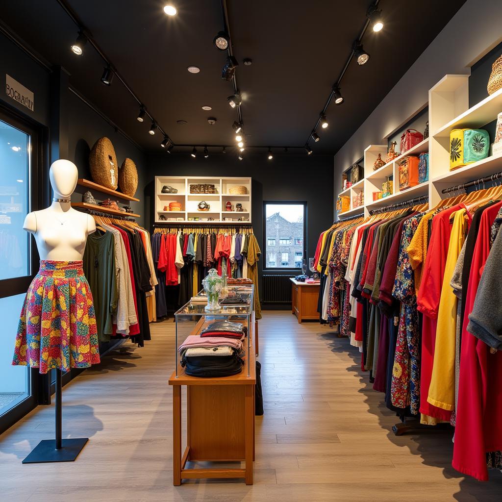 Vibrant interior of an African American boutique showcasing clothing and accessories