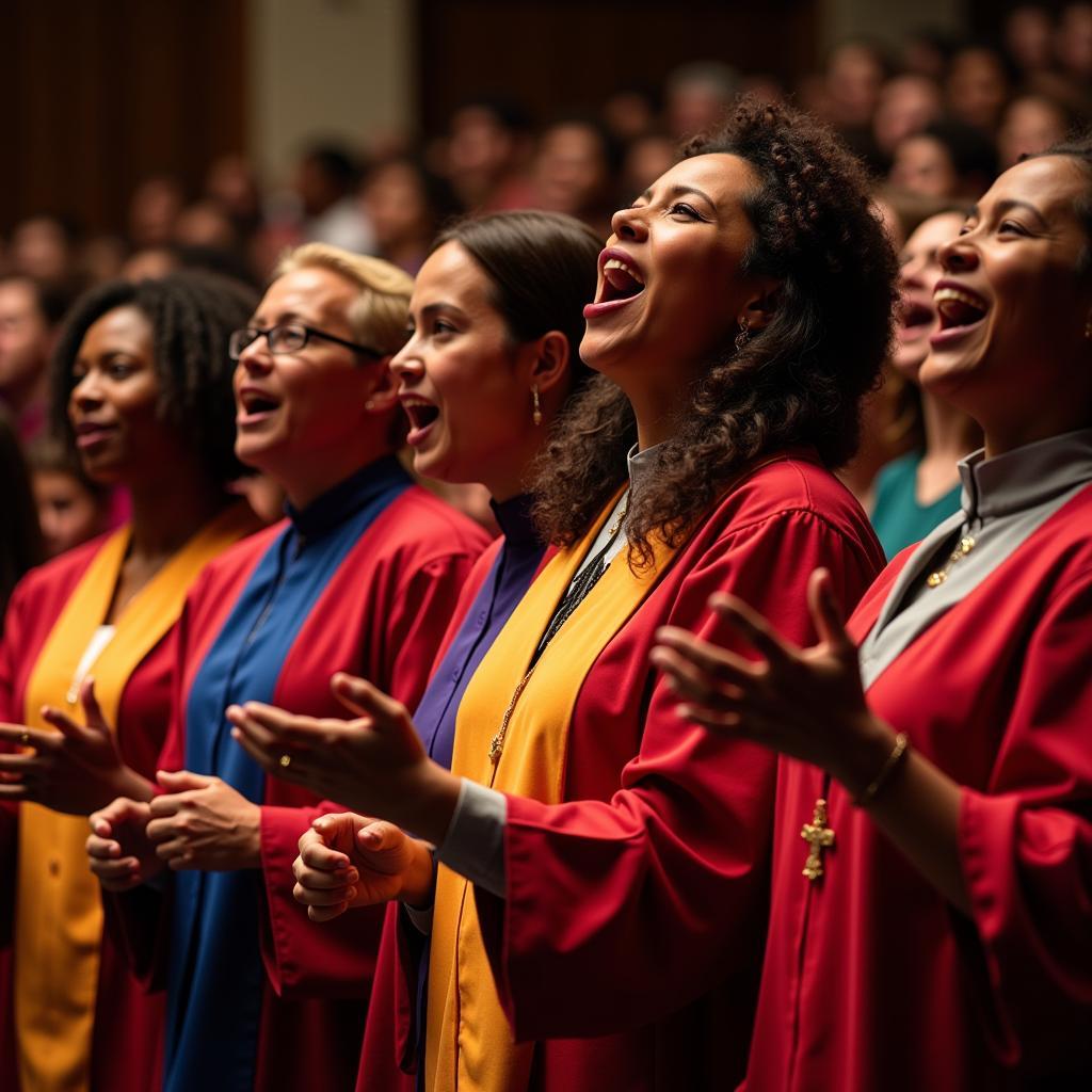 An uplifting image of an African American choir singing gospel music with heartfelt passion during a Bible study session.