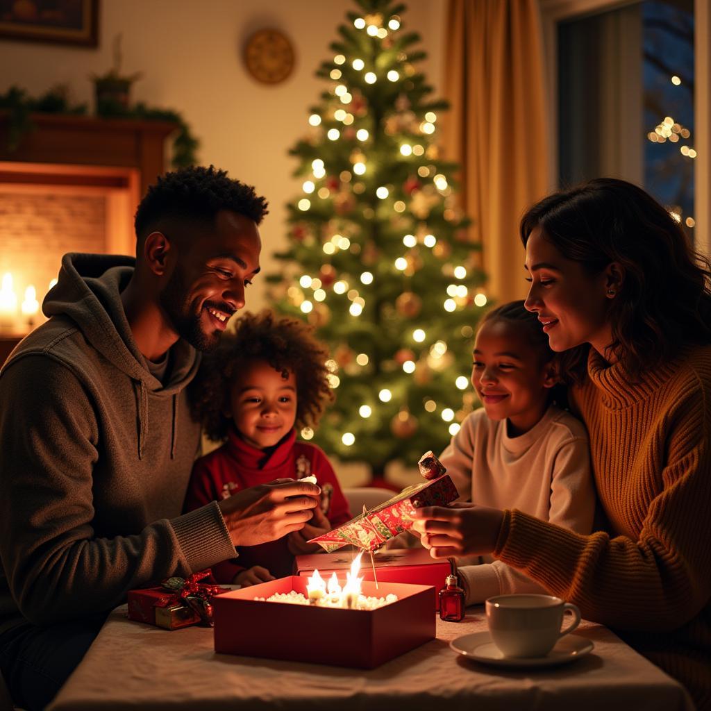 African American family gathering around a Christmas tree exchanging gifts and cards.