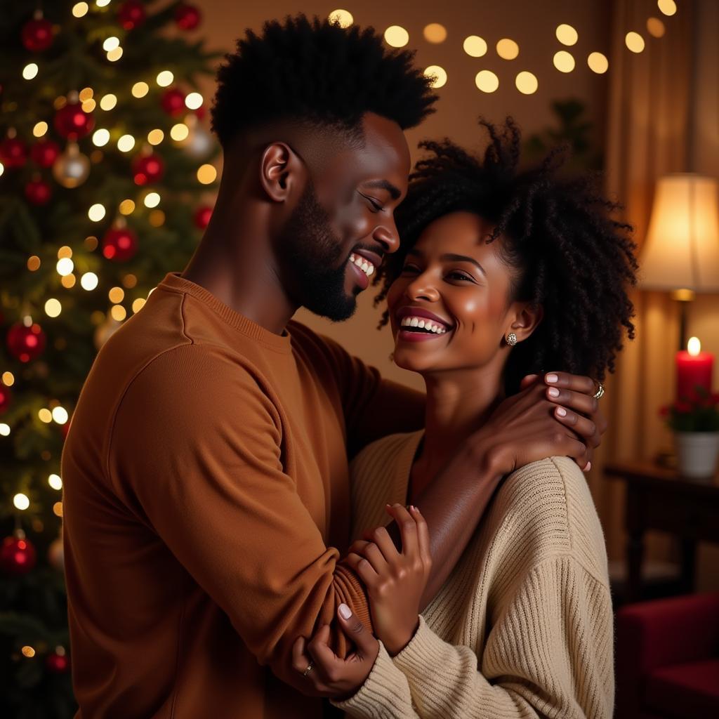 An African American Couple Embracing in a Christmas Movie