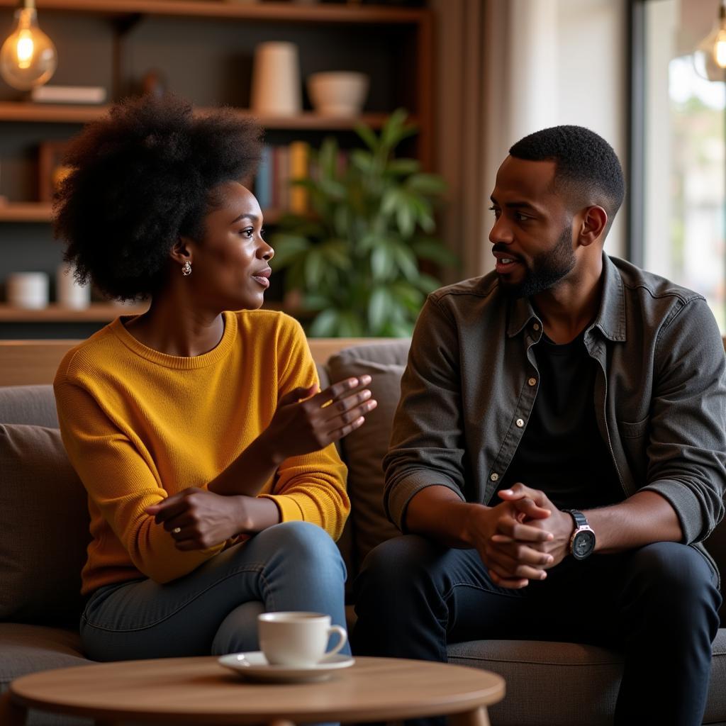 African American couple engaged in deep conversation.