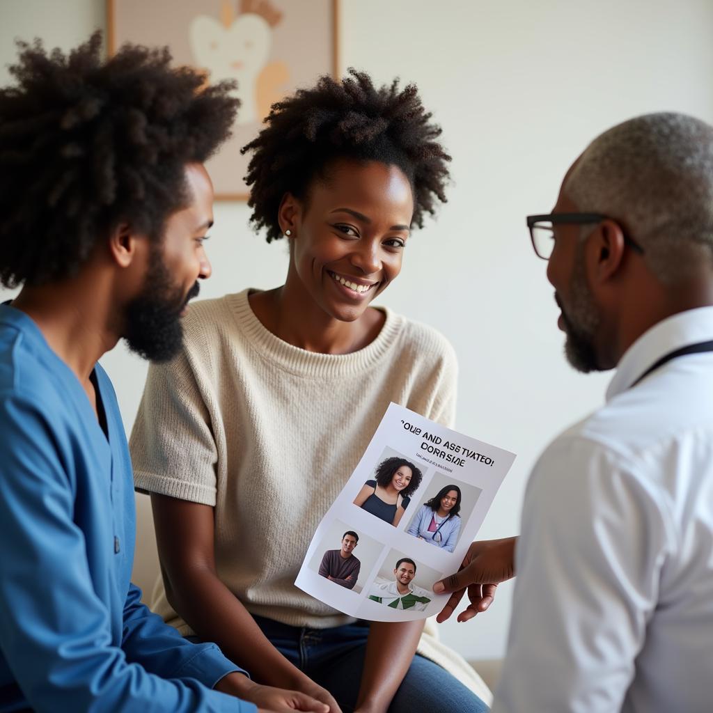 An African American couple consulting with a fertility specialist about sperm donor options.