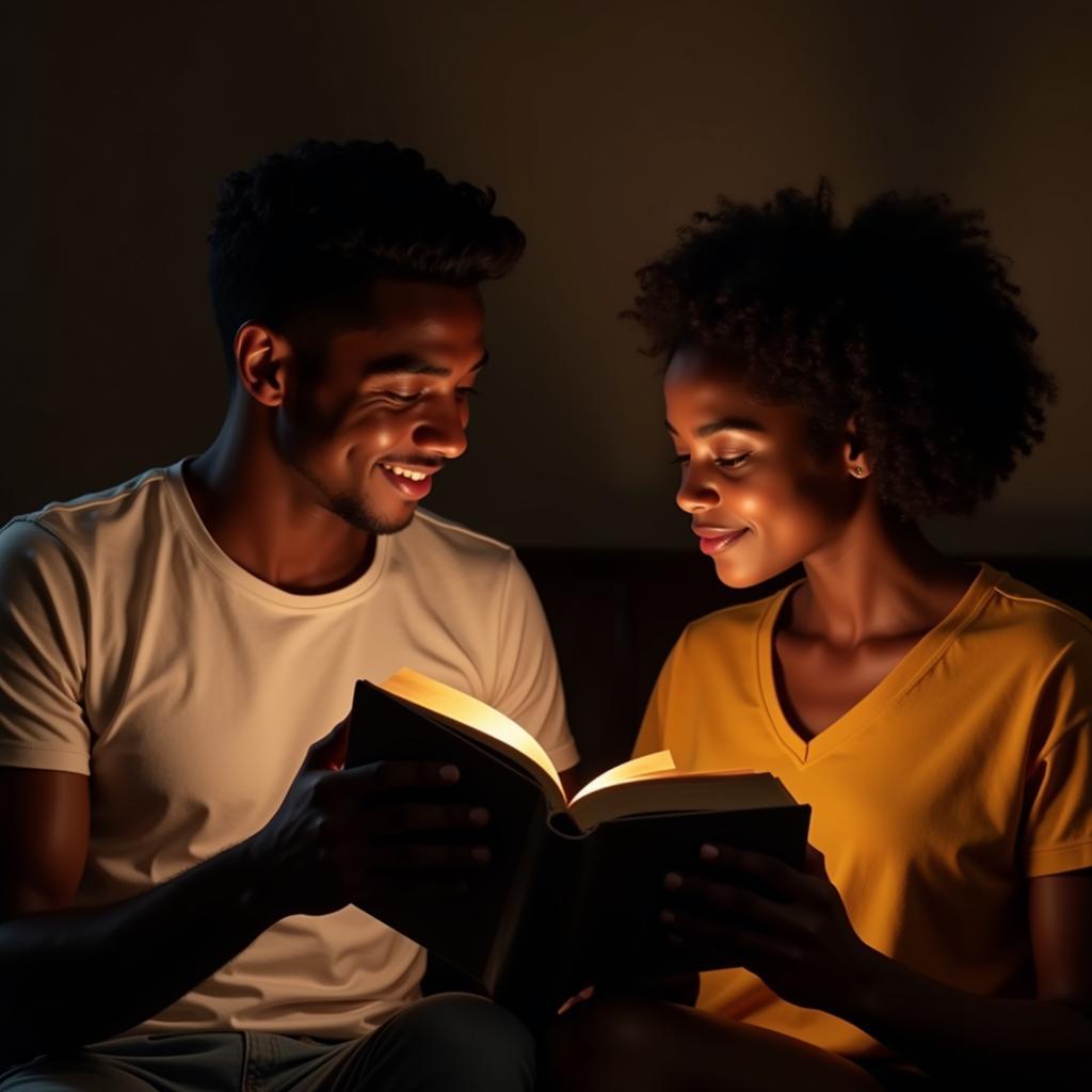 A couple sits closely together, reading poetry aloud to each other, bathed in warm light.