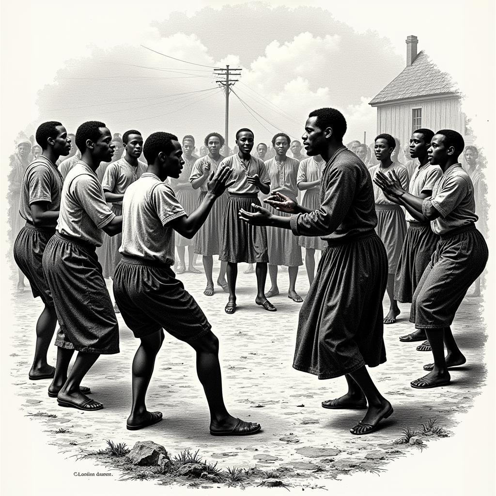 African American Ring Shout Dance: A depiction of the ring shout, a traditional African American dance form, showing participants moving in a circular formation with rhythmic clapping and singing.