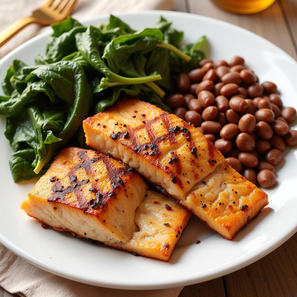 A healthy African American meal with grilled fish, collard greens, and black-eyed peas.