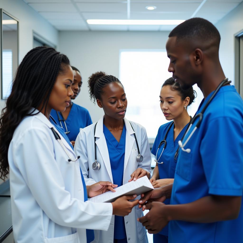 Diverse group of African American medical professionals working in a modern hospital setting