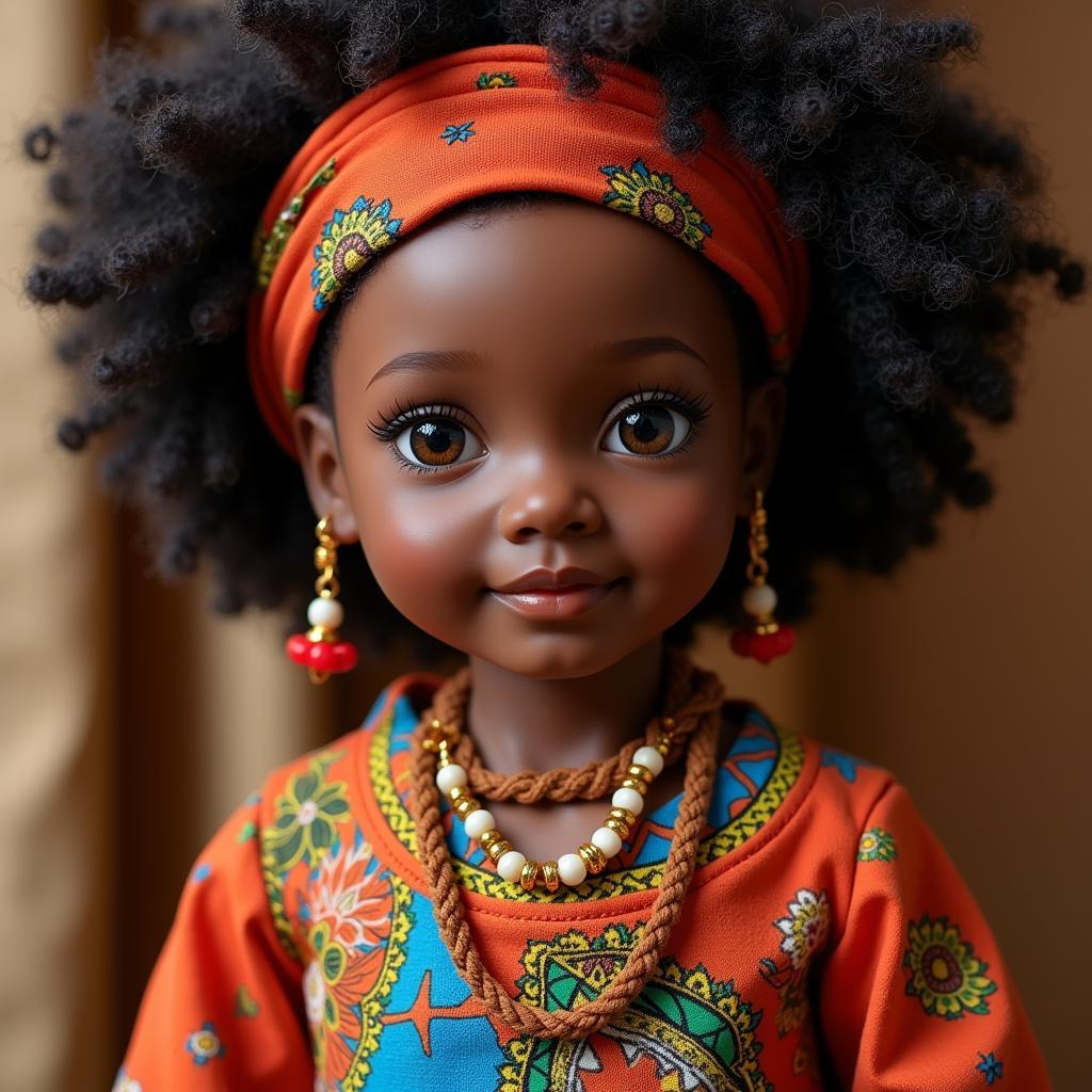 A 34-inch tall African American doll wearing traditional African attire.