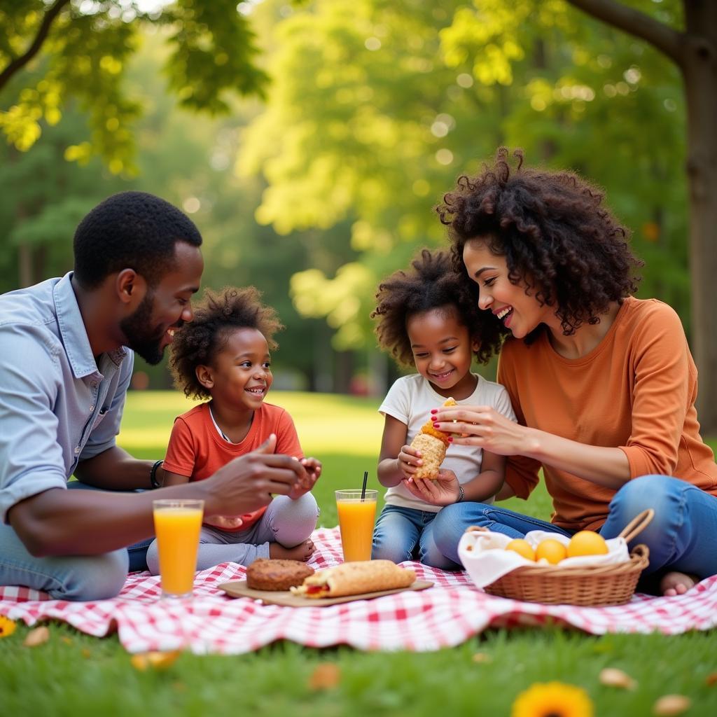 Happy African American family enjoying a picnic in a sunny park