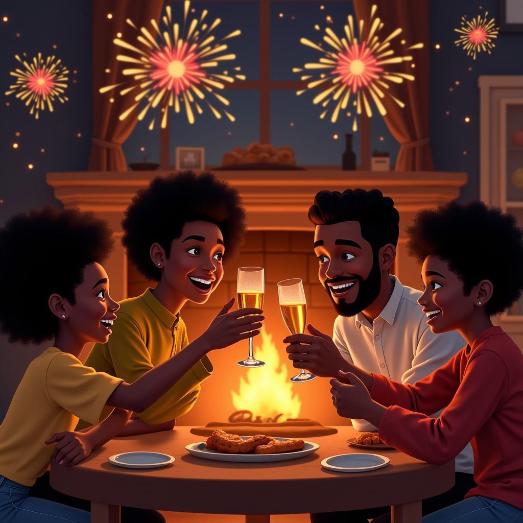 African American Family Celebrating New Year's Eve with Fireworks