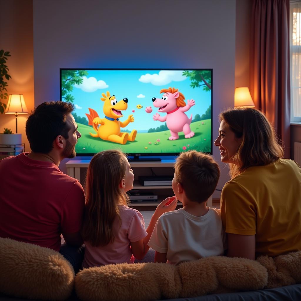 A heartwarming illustration of an African American family gathered on the sofa, enjoying a cartoon together