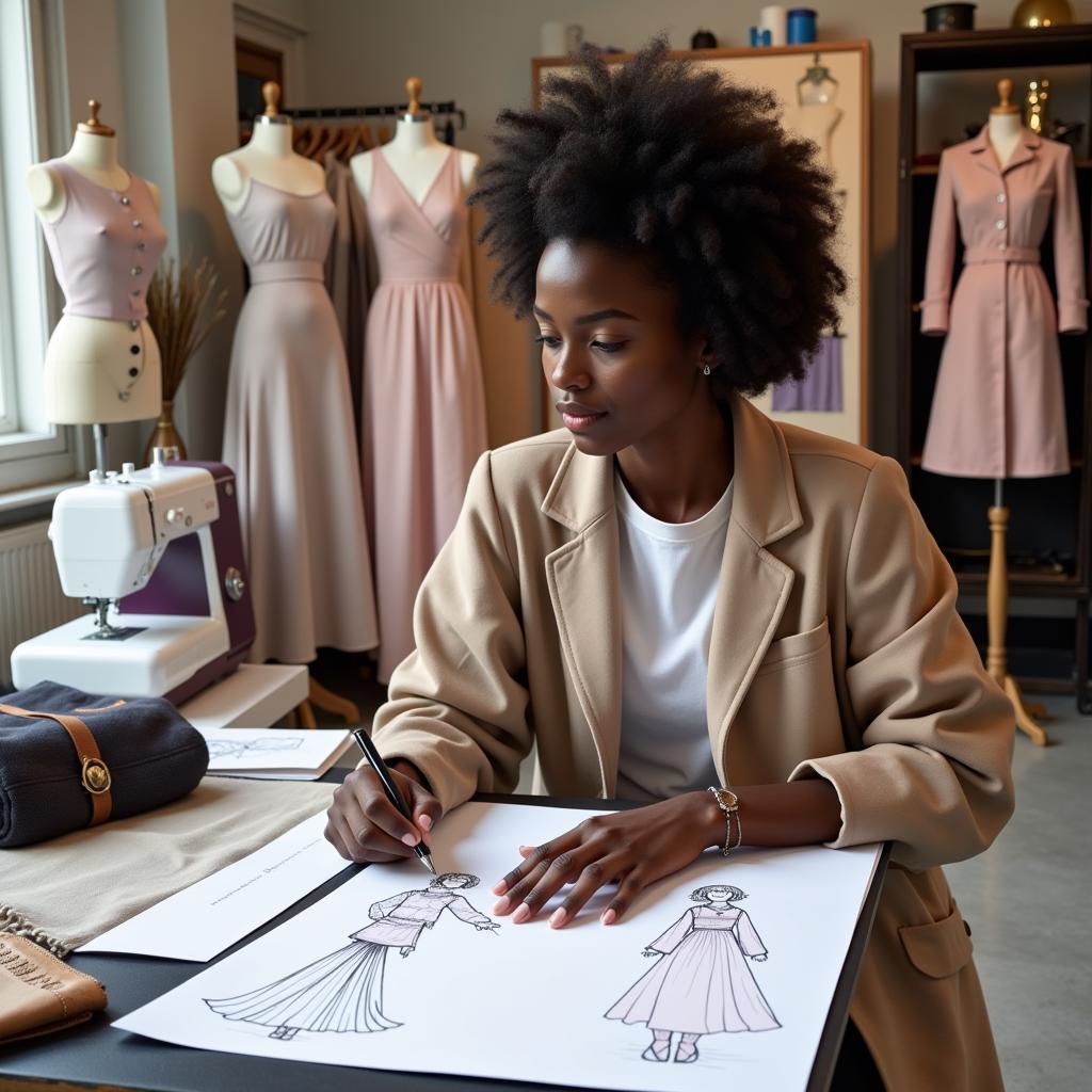 African American fashion designer creating a new design