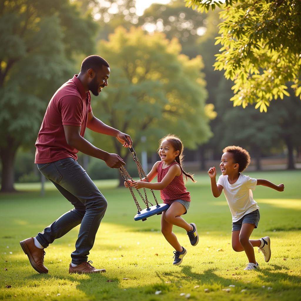 African American father and children playing in a park.