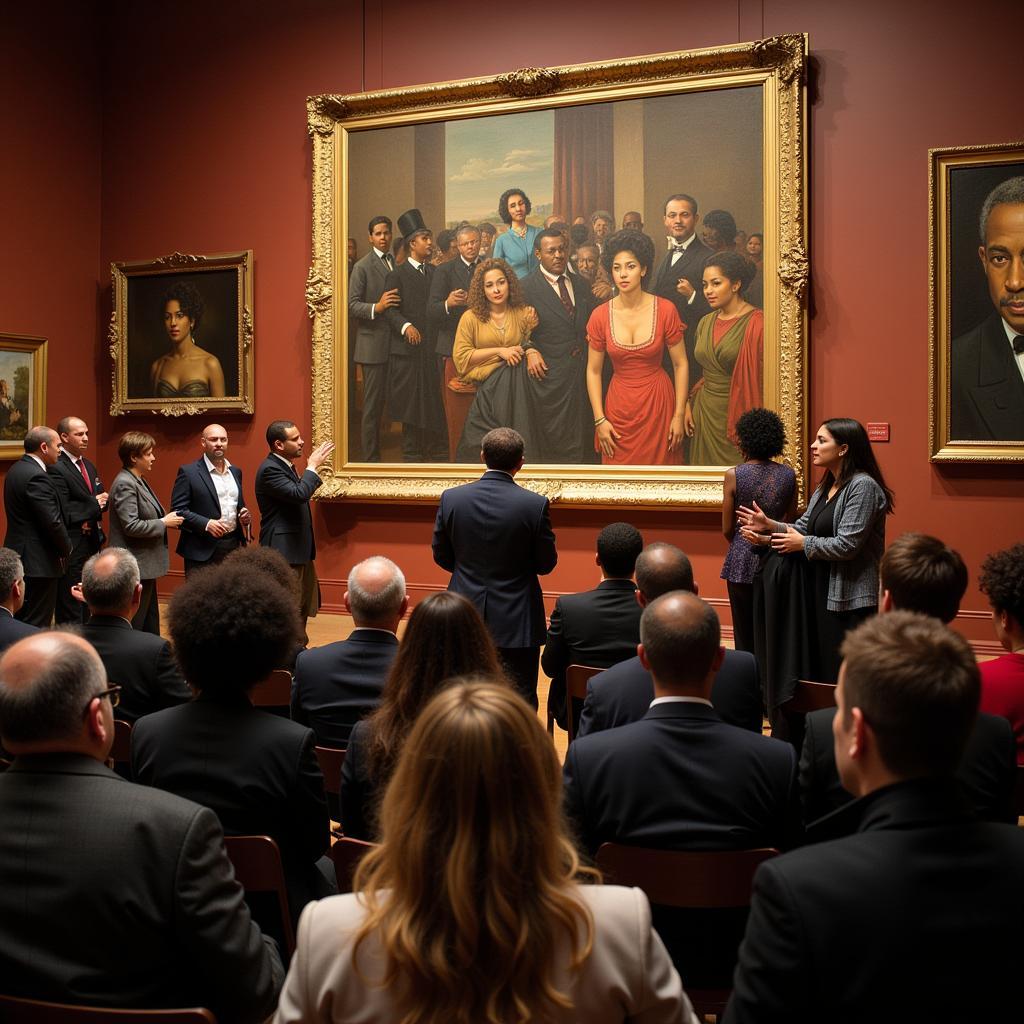 African American Fine Art at Swann Auction Galleries: A photograph of the auction house filled with bidders and showcasing a prominent piece of African American art.