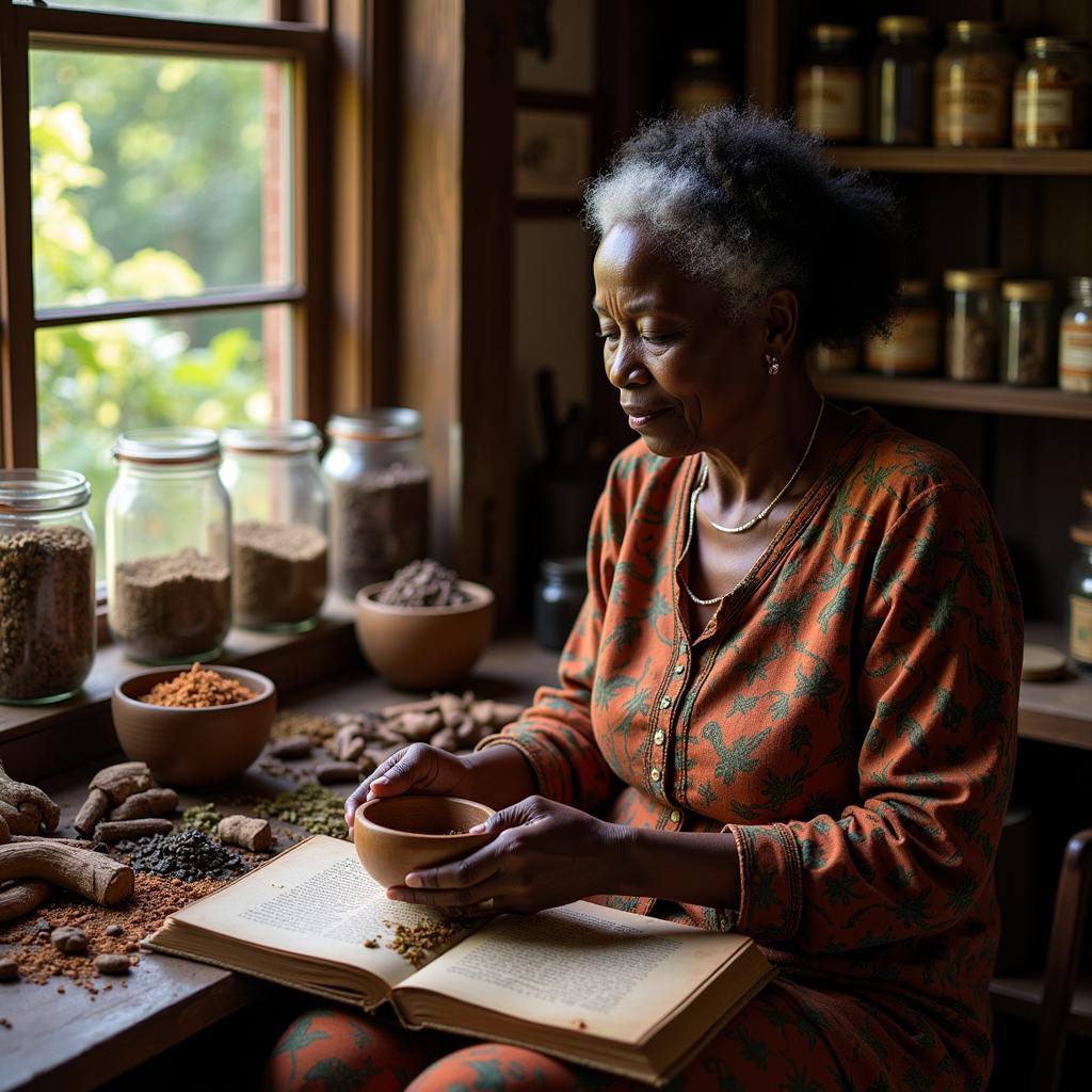 An African American folk medicine practitioner preparing herbal remedies.