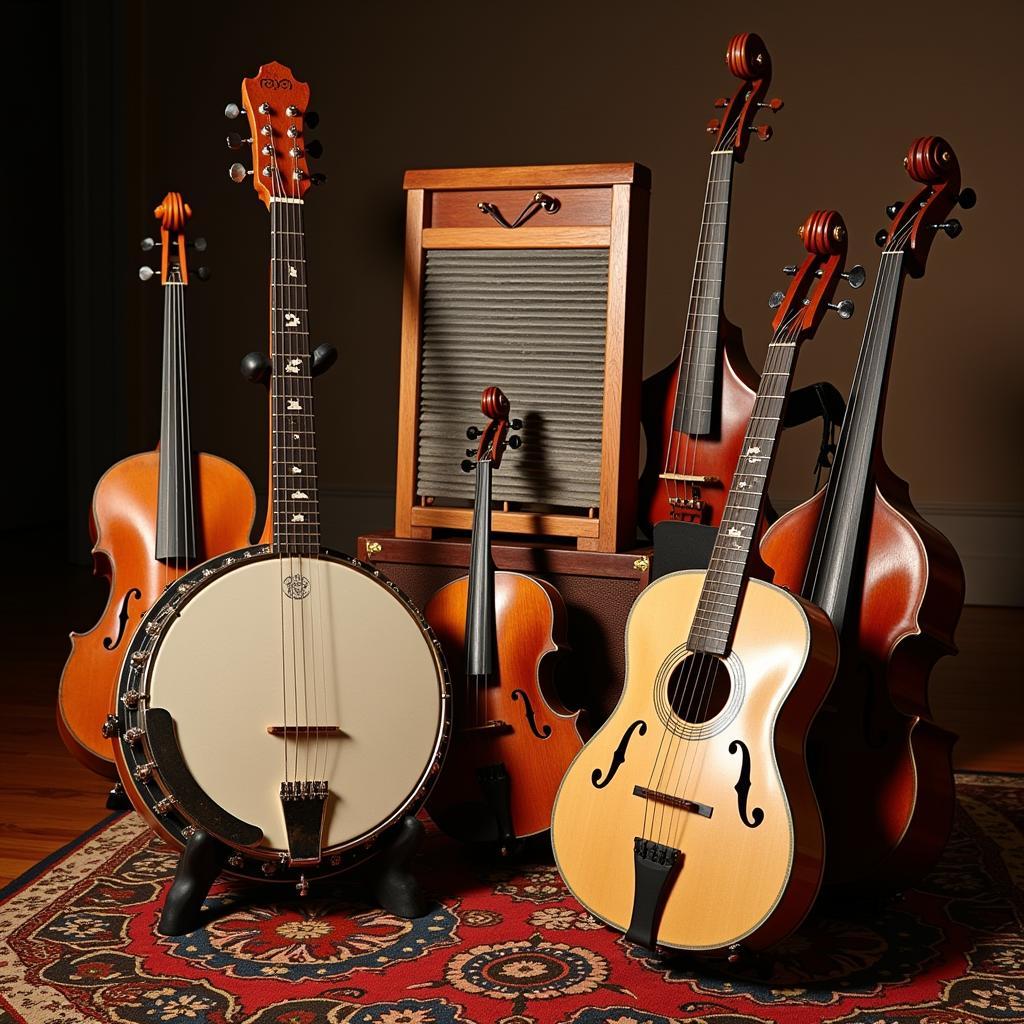 Various instruments used in African American folk music, including banjo, fiddle, and washboard