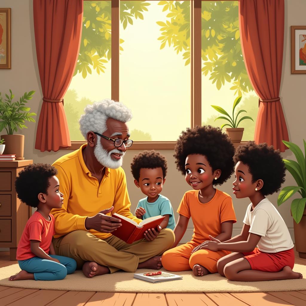 A family gathered together, sharing African American folk tales with their children.