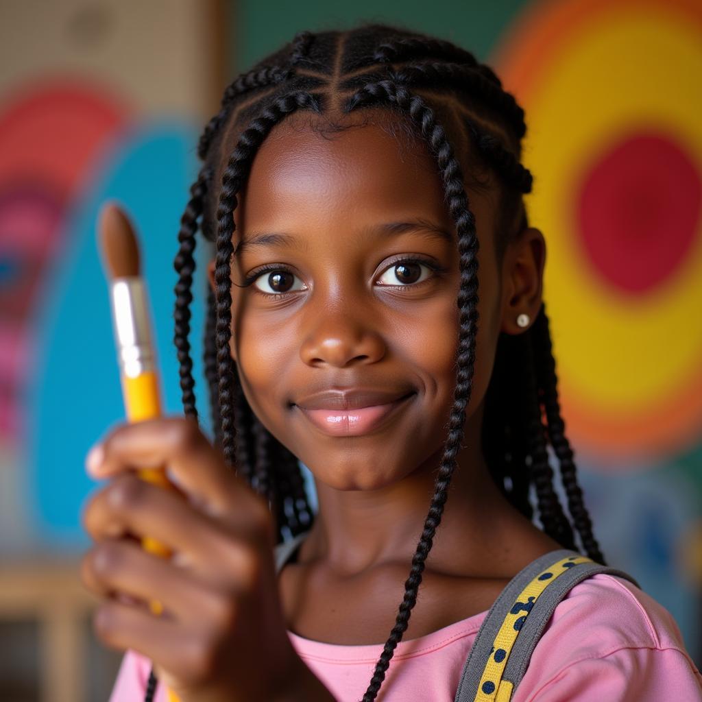 Portrait of a young African American girl expressing confidence and strength through art.