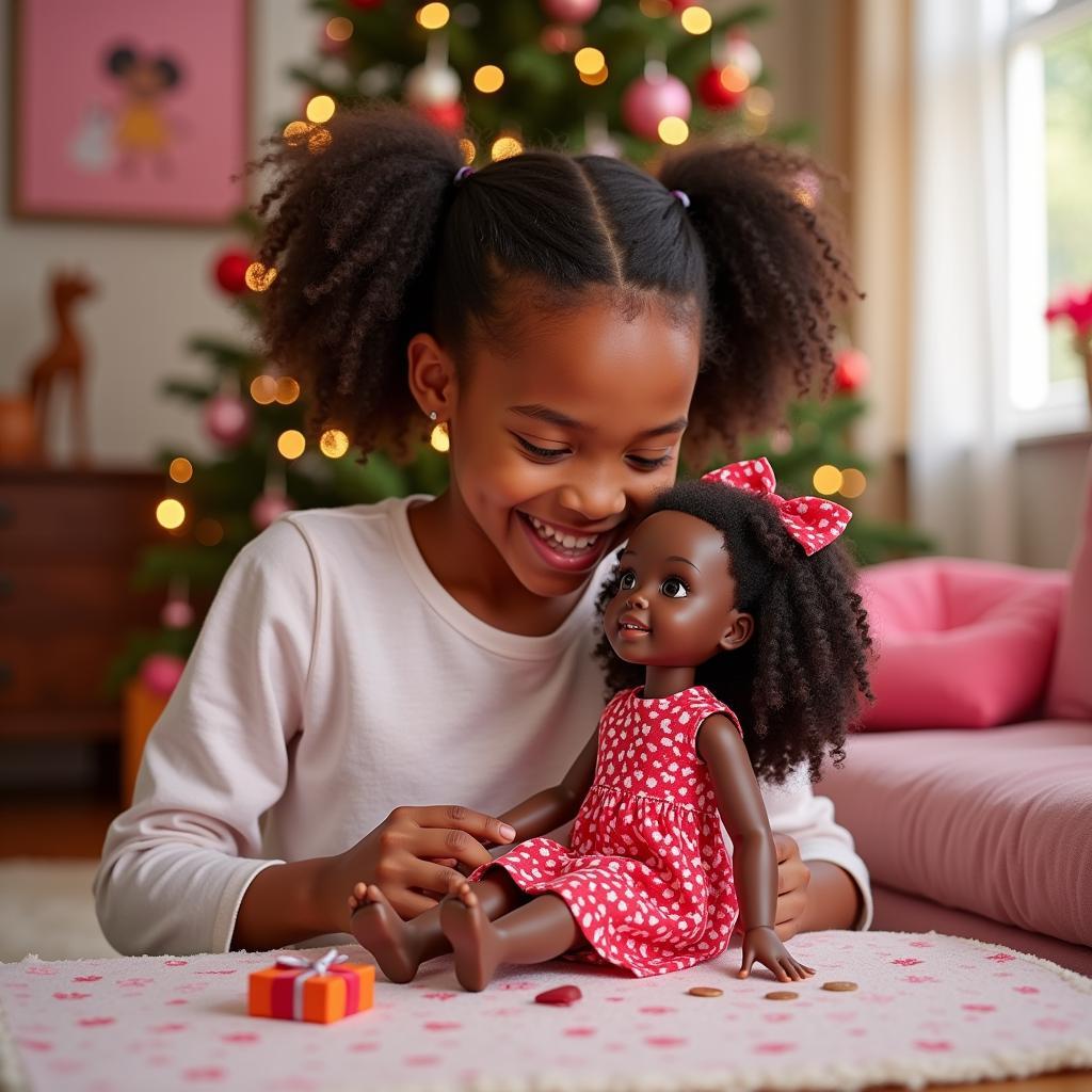 African American Girl Playing with 2019 Holiday Barbie