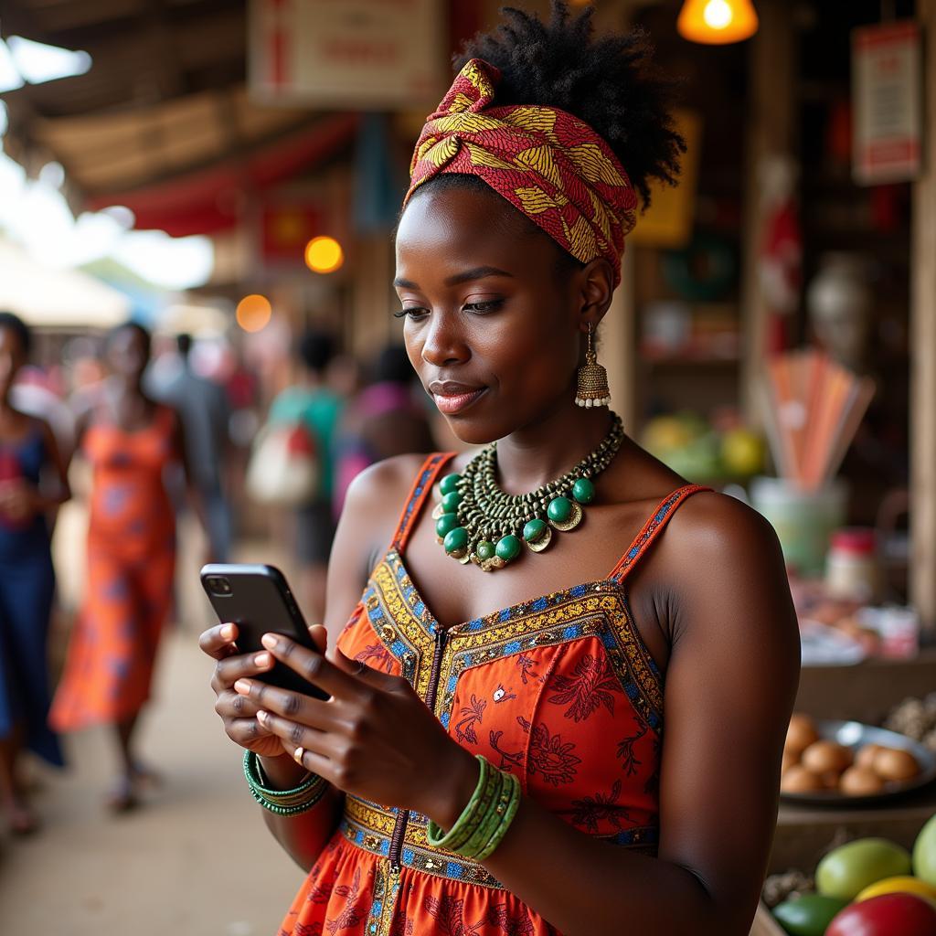 A young African American woman stands confidently in a bustling African market, holding a smartphone in her hand. She's wearing brightly colored traditional clothing and smiles warmly at the camera.