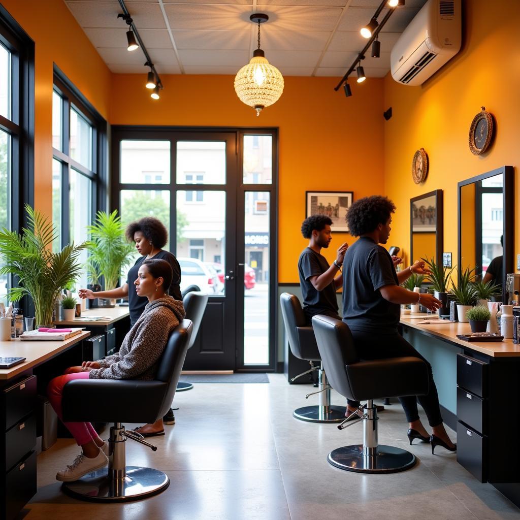 The modern and stylish interior of an African American hair salon.